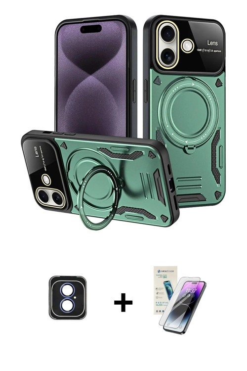 ieg™ iPhone 16 Kılıf Kıvılcım Modern Serisi - Şeffaf Pasifik Cam Ekran Koruyucu + Mavi PVD Metal Kam