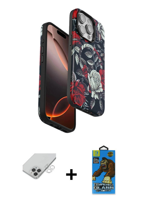 ieg™ iPhone 14 Pro Max Kılıf Siluet Doku - Siyah 18D Cam Ekran Koruyucu + Gümüş Band Metal Kamera Le