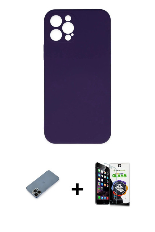 ieg™ iPhone 12 Pro Max Kılıf Ahenk Serisi - Şeffaf Temperli Cam Ekran Koruyucu + Siyah Shine Kamera