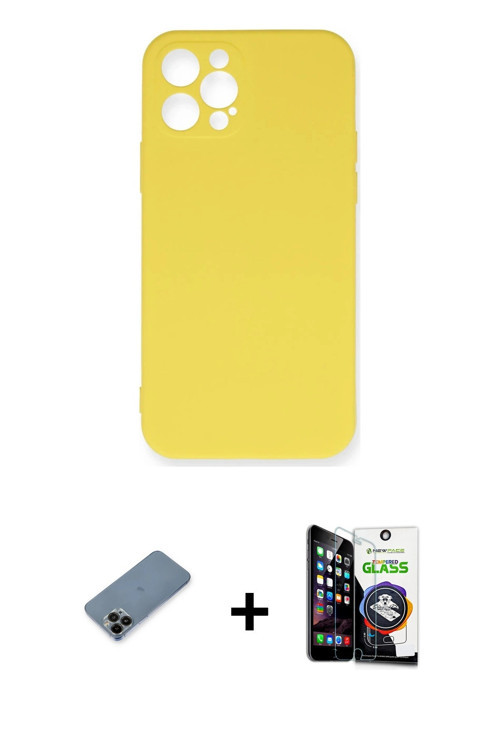 ieg™ iPhone 12 Pro Max Kılıf Ahenk Serisi - Şeffaf Temperli Cam Ekran Koruyucu + Siyah Shine Kamera
