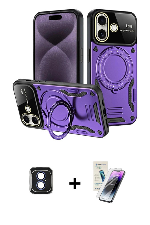 ieg™ iPhone 16 Kılıf Kıvılcım Modern Serisi - Şeffaf Pasifik Cam Ekran Koruyucu + Mavi PVD Metal Kam