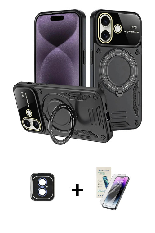 ieg™ iPhone 16 Kılıf Kıvılcım Modern Serisi - Şeffaf Pasifik Cam Ekran Koruyucu + Mavi PVD Metal Kam