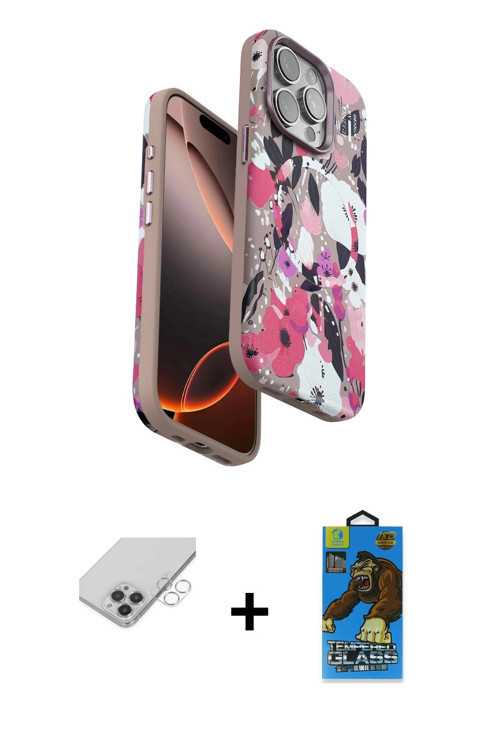 ieg™ iPhone 14 Pro Max Kılıf Siluet Doku - Siyah 18D Cam Ekran Koruyucu + Gümüş Band Metal Kamera Le