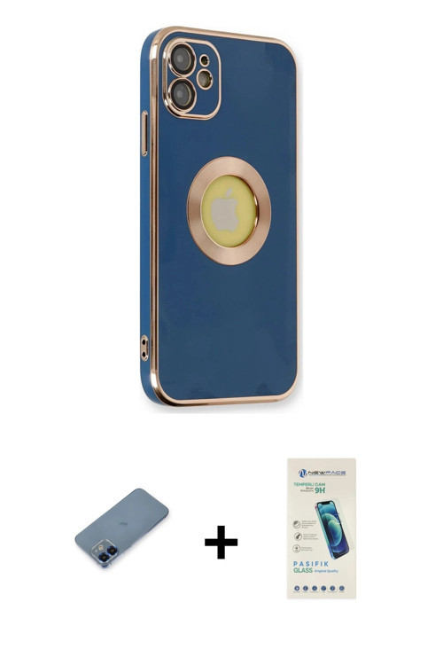 ieg™ iPhone 12 Kılıf İz Form Serisi - Şeffaf Pasifik Cam Ekran Koruyucu + Mavi Metal Kamera Lens Kor