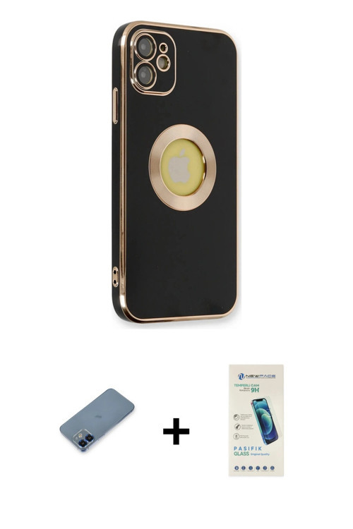 ieg™ iPhone 12 Kılıf İz Form Serisi - Şeffaf Pasifik Cam Ekran Koruyucu + Mavi Metal Kamera Lens Kor