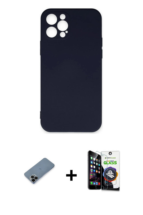 ieg™ iPhone 12 Pro Max Kılıf Ahenk Serisi - Şeffaf Temperli Cam Ekran Koruyucu + Siyah Shine Kamera