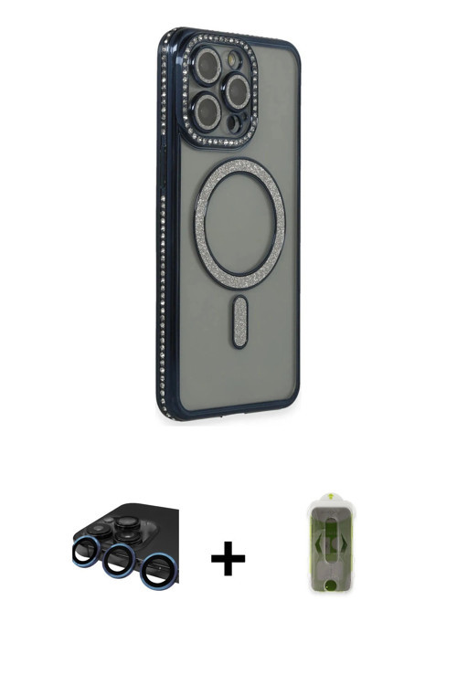 ieg™ iPhone 15 Pro Kılıf Zirve Doku Prime - Siyah Joko Magic 5D Hayalet Cam + Lacivert Raze Metal Ka