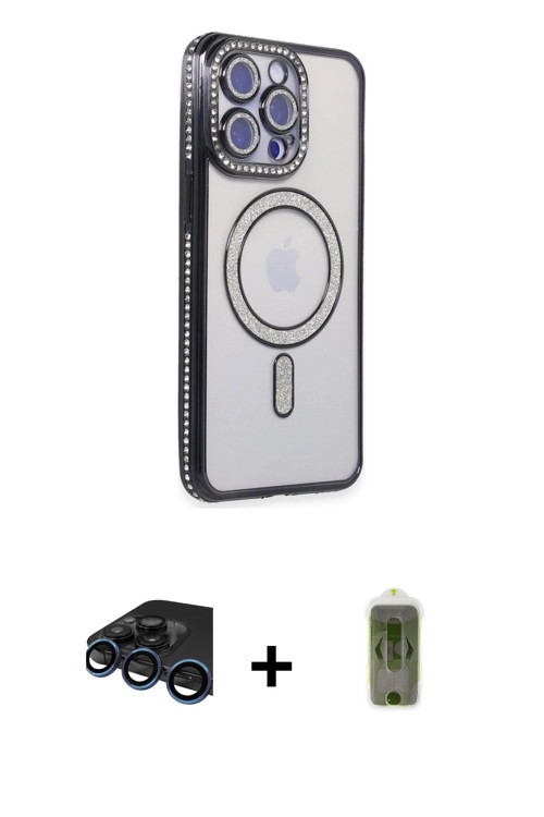 ieg™ iPhone 15 Pro Kılıf Zirve Doku Prime - Siyah Joko Magic 5D Hayalet Cam + Lacivert Raze Metal Ka