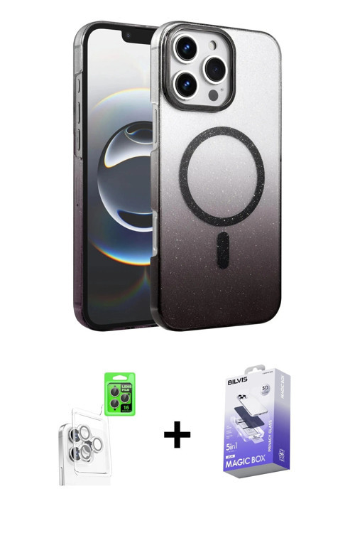 iPhone 16 Pro Max Kılıf Ahenk Doku Özel Seri - Siyah Bilvis 5in1 5D Magic Hayalet Cam Ekran Kor
