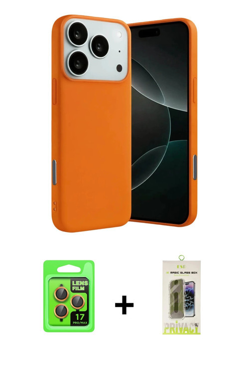 ieg™ iPhone 17 Pro Kılıf Ahenk Serisi - Siyah Joko Magic 5D Hayalet Cam + Turuncu Raze Metal Kamera
