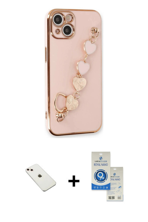 ieg™ iPhone 14 Kılıf Nova Işık Prime - Şeffaf Royal Nano Ekran Koruyucu + Pembe Diamond Kamera Lens