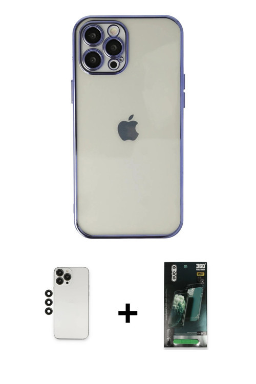 ieg™ iPhone 12 Pro Kılıf Vadi Minimal - Şeffaf 360 Full Body Arka Koruyucu + Siyah Shine Kamera Lens