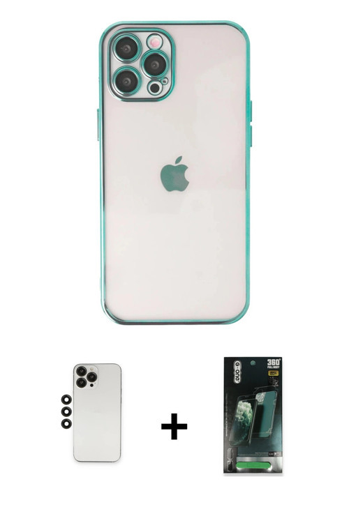ieg™ iPhone 12 Pro Kılıf Vadi Minimal - Şeffaf 360 Full Body Arka Koruyucu + Siyah Shine Kamera Lens