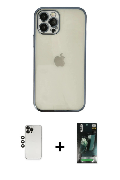 ieg™ iPhone 12 Pro Kılıf Vadi Minimal - Şeffaf 360 Full Body Arka Koruyucu + Siyah Shine Kamera Lens