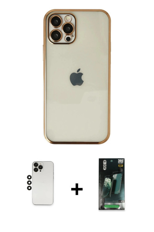ieg™ iPhone 12 Pro Kılıf Vadi Minimal - Şeffaf 360 Full Body Arka Koruyucu + Siyah Shine Kamera Lens