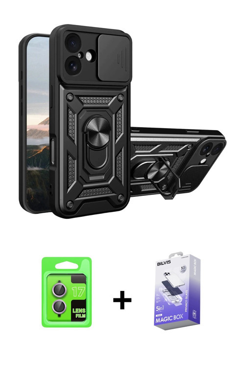 ieg™ iPhone 17 Kılıf Ahenk Klasik - Siyah Bilvis 5in1 5D Magic Hayalet Cam Ekran Koruyucu + Açık Mor