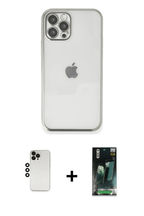 ieg™ iPhone 12 Pro Kılıf Vadi Minimal - Şeffaf 360 Full Body Arka Koruyucu + Siyah Shine Kamera Lens