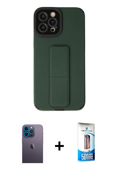 ieg™ iPhone 12 Pro Max Kılıf Çekirdek Yansıma - Siyah 5D Eko Cam Ekran Koruyucu + Mavi Neon Fosforlu
