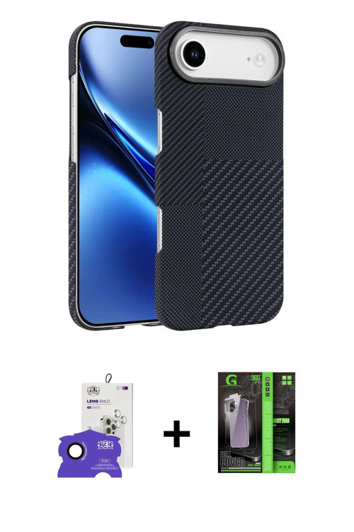 ieg™ iPhone 17 Air Kılıf Doruk Serisi - Siyah 360 Mat Full Body Arka Koruyucu + Lacivert Bilvis Tita