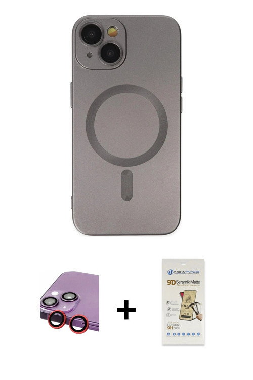 ieg™ iPhone 14 Plus Kılıf Akış Minimal Özel Seri - Siyah Mat Seramik Nano Ekran Koruyucu + Kırmızı R
