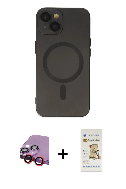 ieg™ iPhone 14 Plus Kılıf Akış Minimal Özel Seri - Siyah Mat Seramik Nano Ekran Koruyucu + Kırmızı R