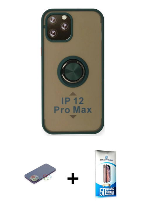 ieg™ iPhone 12 Pro Max Kılıf Yörünge Çizgi - Siyah 5D Eko Cam Ekran Koruyucu + Mavi Renkli Kamera Le