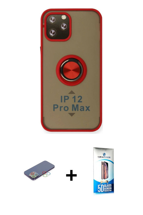 ieg™ iPhone 12 Pro Max Kılıf Yörünge Çizgi - Siyah 5D Eko Cam Ekran Koruyucu + Mavi Renkli Kamera Le