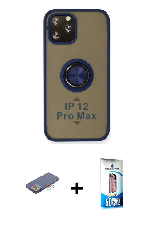 ieg™ iPhone 12 Pro Max Kılıf Yörünge Çizgi - Siyah 5D Eko Cam Ekran Koruyucu + Mavi Renkli Kamera Le