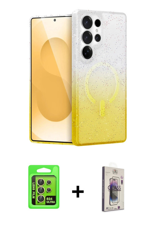 ieg™ Galaxy S24 Ultra Kılıf Eksen Minimal Özel Seri - Siyah Bilvis 3D Cam Ekran Koruyucu + Sarı Raze