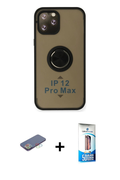 ieg™ iPhone 12 Pro Max Kılıf Yörünge Çizgi - Siyah 5D Eko Cam Ekran Koruyucu + Mavi Renkli Kamera Le