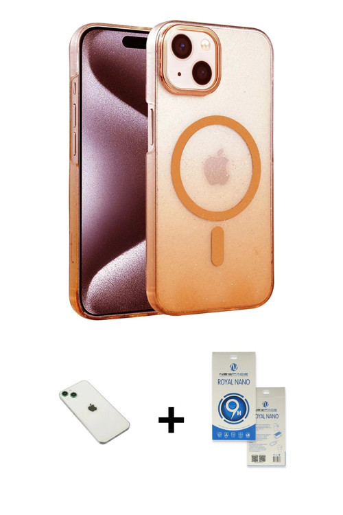 ieg™ iPhone 14 Kılıf Ahenk Doku Özel Seri - Şeffaf Royal Nano Ekran Koruyucu + Yeşil Diamond Kamera