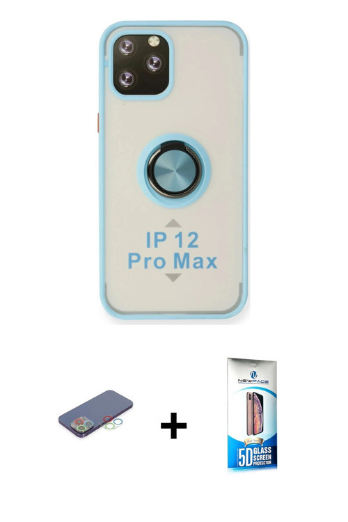 ieg™ iPhone 12 Pro Max Kılıf Yörünge Çizgi - Siyah 5D Eko Cam Ekran Koruyucu + Mavi Renkli Kamera Le