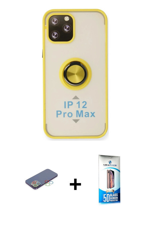 ieg™ iPhone 12 Pro Max Kılıf Yörünge Çizgi - Siyah 5D Eko Cam Ekran Koruyucu + Mavi Renkli Kamera Le