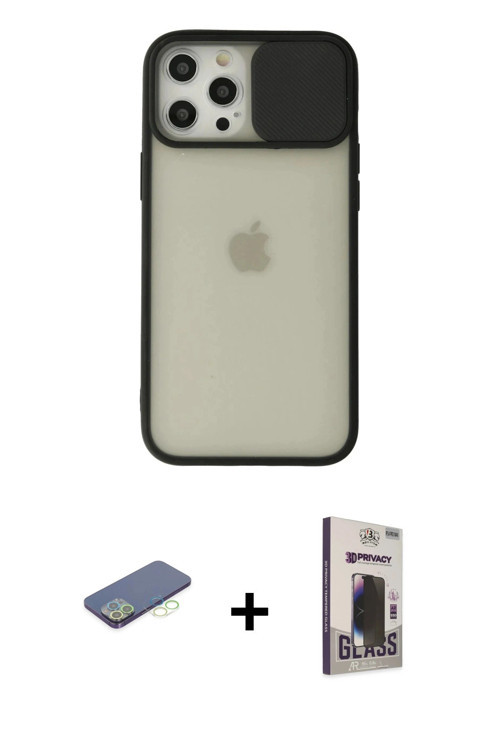 iPhone 12 Pro Max Kılıf Vadi Çizgi - Siyah Bilvis Hayalet Cam Ekran Koruyucu + Yeşil Renkli Kam