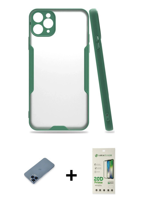 iPhone 11 Pro Max Kılıf Atlas Asil Serisi - Siyah 20D Premium Cam Ekran Koruyucu + Mavi Metal K
