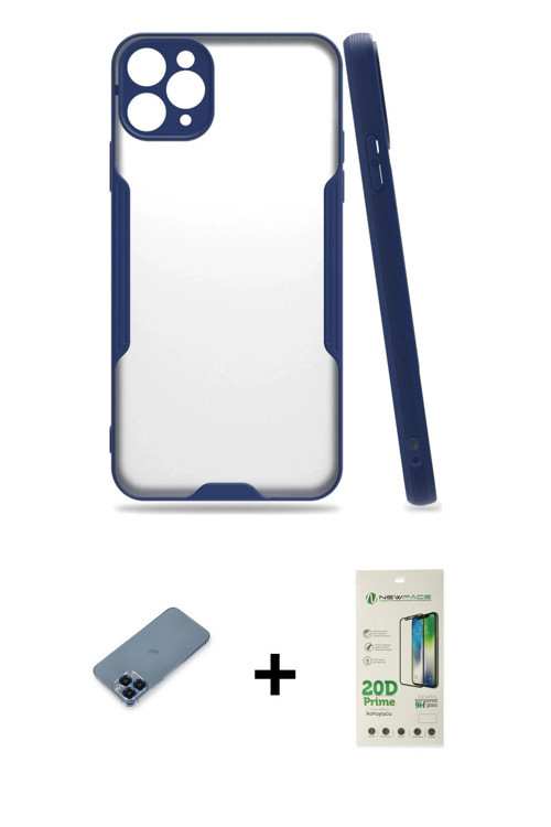 iPhone 11 Pro Max Kılıf Atlas Asil Serisi - Siyah 20D Premium Cam Ekran Koruyucu + Mavi Metal K