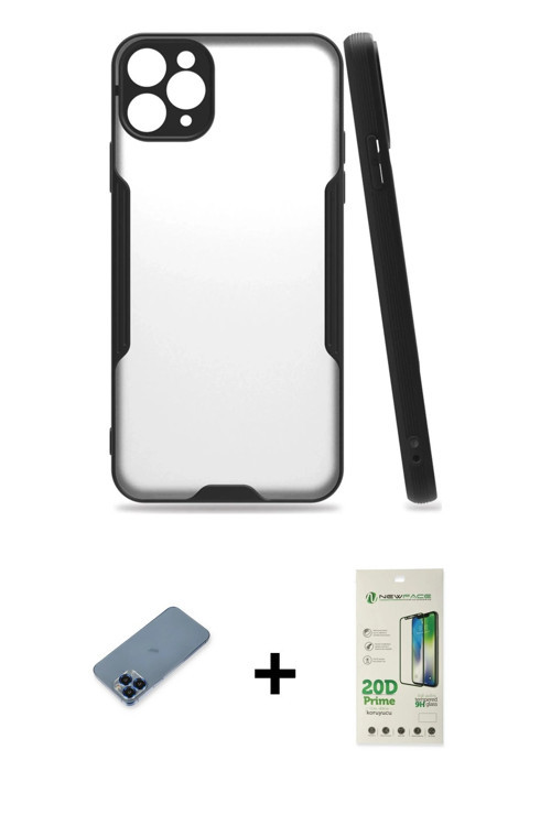 iPhone 11 Pro Max Kılıf Atlas Asil Serisi - Siyah 20D Premium Cam Ekran Koruyucu + Mavi Metal K