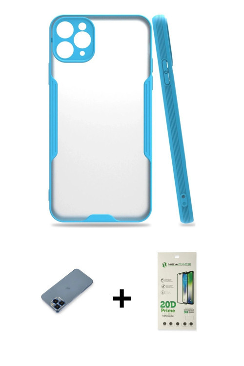 iPhone 11 Pro Max Kılıf Atlas Asil Serisi - Siyah 20D Premium Cam Ekran Koruyucu + Mavi Metal K