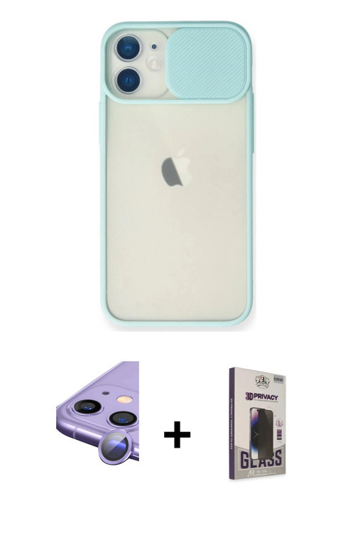 iPhone 11 Kılıf Vadi Çizgi - Siyah Bilvis Hayalet Cam Ekran Koruyucu + Mor Raze Metal Kamera Le