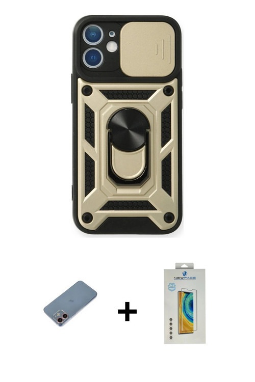 iPhone 12 Mini Kılıf Ahenk Klasik - Siyah Polymer Nano Ekran Koruyucu + Pembe Shine Kamera Lens