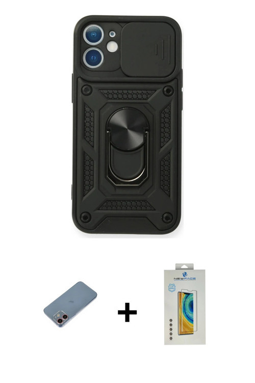 iPhone 12 Mini Kılıf Ahenk Klasik - Siyah Polymer Nano Ekran Koruyucu + Pembe Shine Kamera Lens