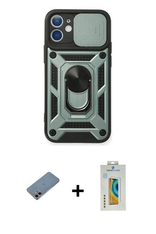iPhone 12 Mini Kılıf Ahenk Klasik - Siyah Polymer Nano Ekran Koruyucu + Pembe Shine Kamera Lens