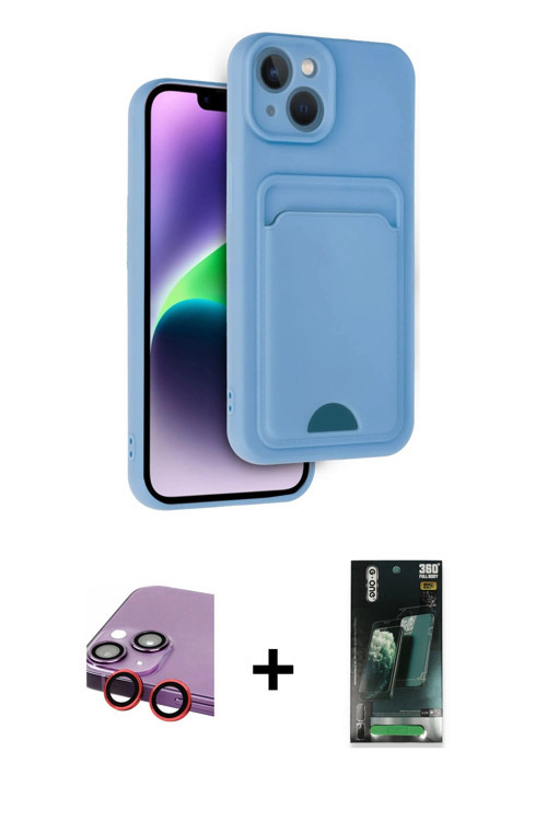 iPhone 14 Kılıf Vadi Çizgi Prime - Şeffaf 360 Full Body Arka Koruyucu + Kırmızı Raze Metal Kame