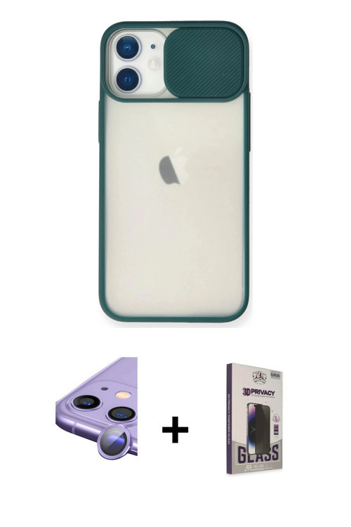 iPhone 11 Kılıf Vadi Çizgi - Siyah Bilvis Hayalet Cam Ekran Koruyucu + Mor Raze Metal Kamera Le