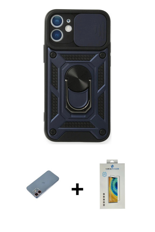 iPhone 12 Mini Kılıf Ahenk Klasik - Siyah Polymer Nano Ekran Koruyucu + Pembe Shine Kamera Lens