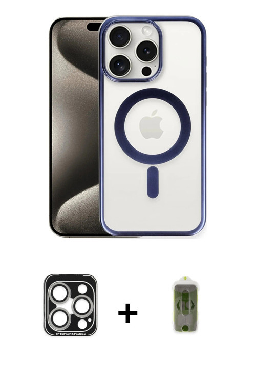 iPhone 15 Pro Max Kılıf Siluet Çizgi Serisi - Siyah Joko Magic 5D Hayalet Cam + Gümüş PVD Metal