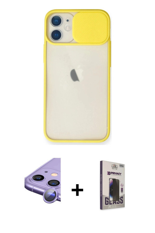 iPhone 11 Kılıf Vadi Çizgi - Siyah Bilvis Hayalet Cam Ekran Koruyucu + Mor Raze Metal Kamera Le