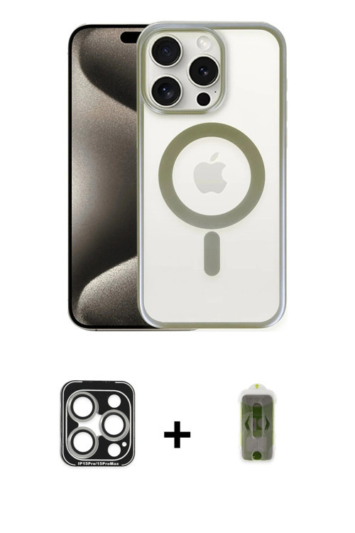 iPhone 15 Pro Max Kılıf Siluet Çizgi Serisi - Siyah Joko Magic 5D Hayalet Cam + Gümüş PVD Metal
