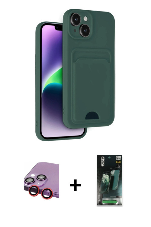 iPhone 14 Kılıf Vadi Çizgi Prime - Şeffaf 360 Full Body Arka Koruyucu + Kırmızı Raze Metal Kame