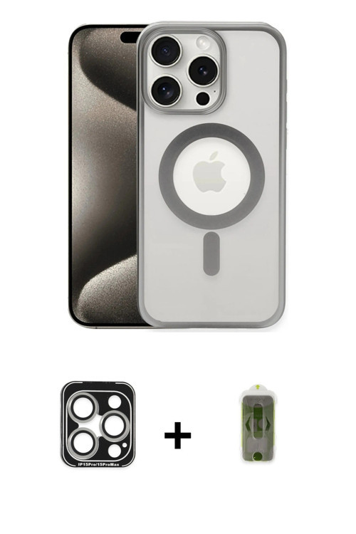 iPhone 15 Pro Max Kılıf Siluet Çizgi Serisi - Siyah Joko Magic 5D Hayalet Cam + Gümüş PVD Metal